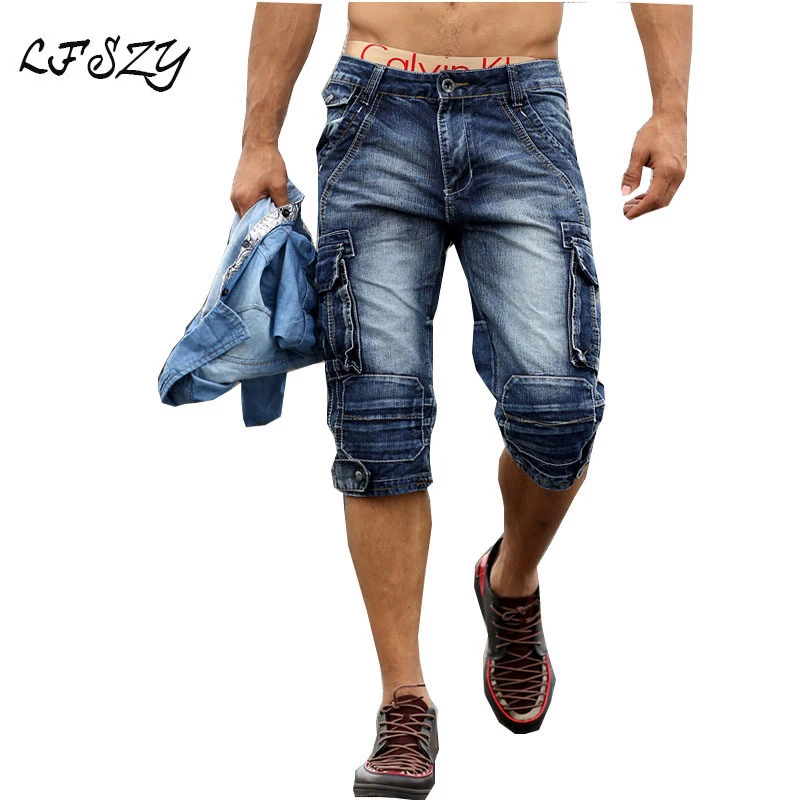 

Bicycle jeans 2019 New Modis Retro Washed old Men's Multi-pocket Seven-point Denim shorts Men's Denim Shorts