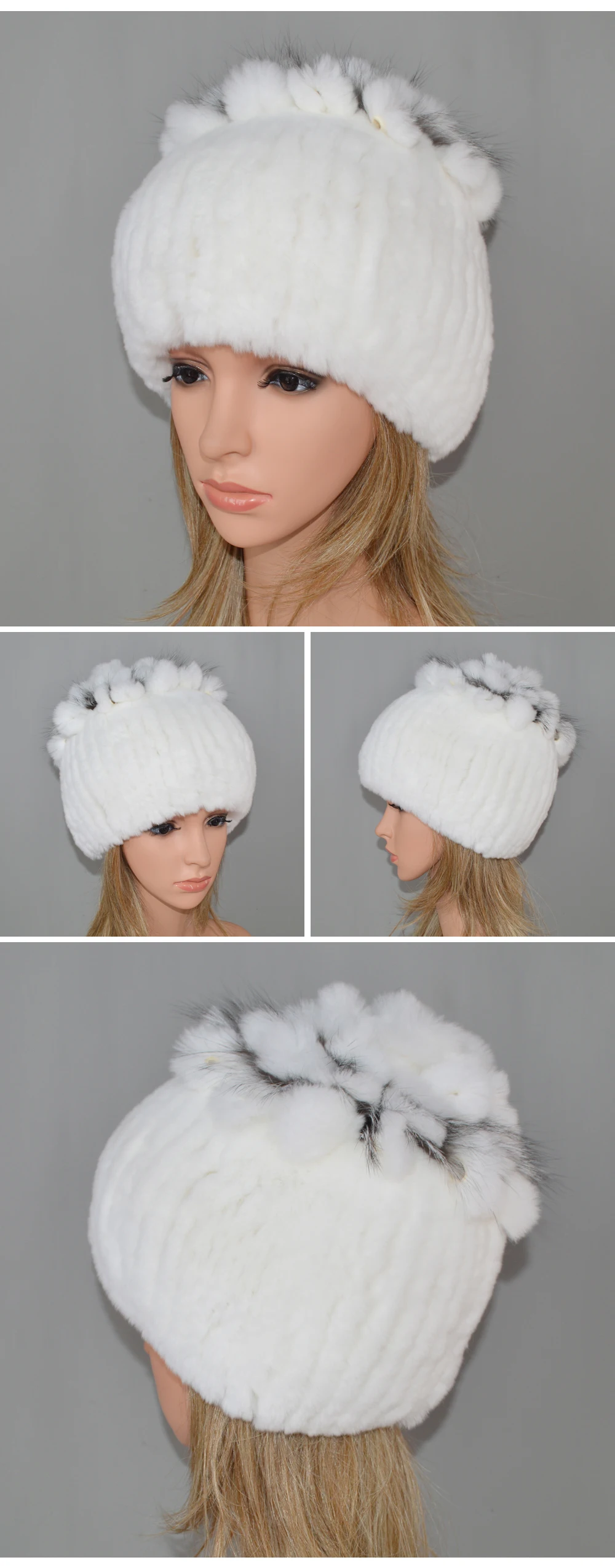 Women Natural Real Rex Rabbit Fur Beanies Hats Winter Warm Knitted Rex Rabbit Fur Caps New Female With Fox Fur Skullies Hat