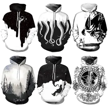 

New 108 Black White Octopus Piano Pikachu Printed Women Jacket Hooded Femme Sweatshirt Casual Loose Men Pocket Hoodies Coat