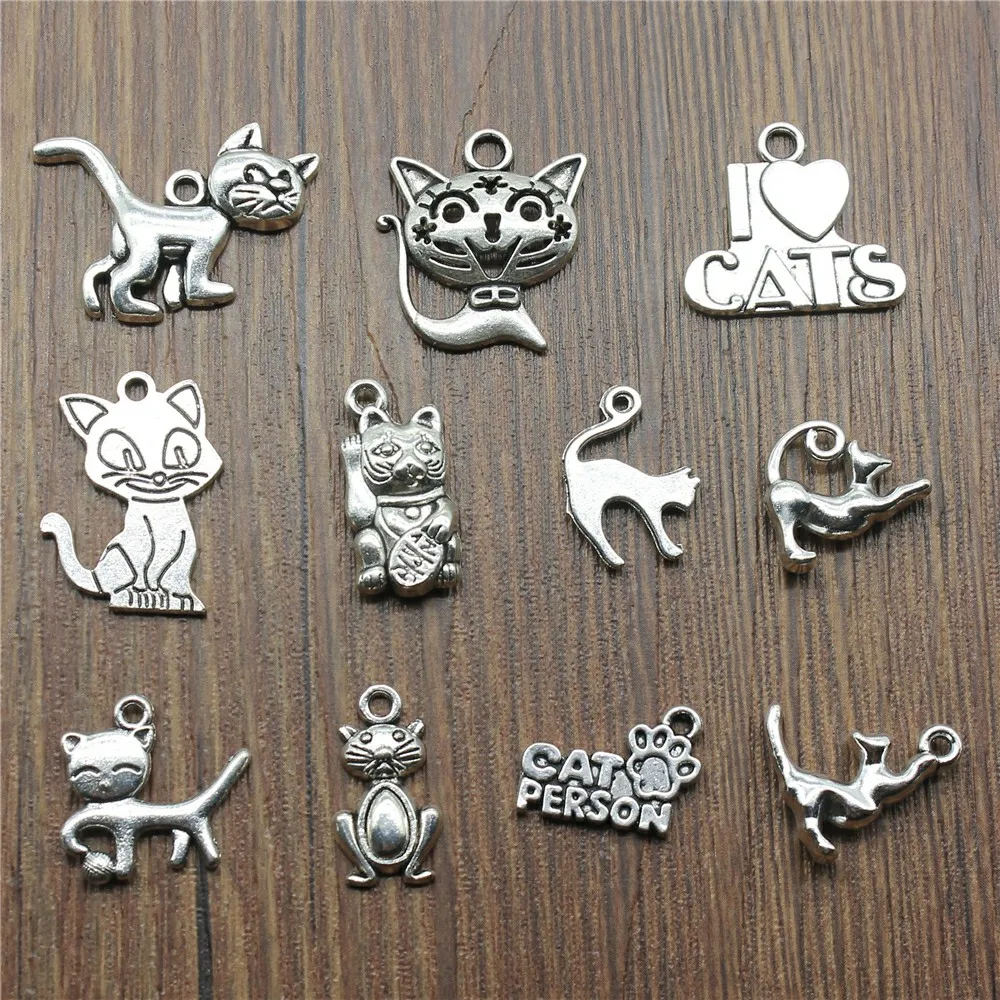 

10pcs Cat Antique Silver Color Cute Cat Pendant Charms Kawaii Cat Charms For Jewelry Making Charms