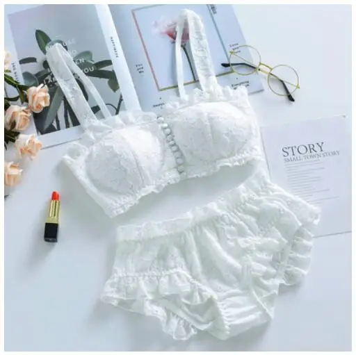Cute Lace Front Button Women's Cute Bra & Panties Set Ruffles Trim