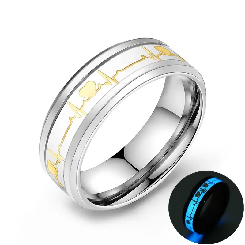 Glowing Luminous Heart Electrocardiogram Rings Stainless Steel Glow in the Dark Wave Love Ring Female Male Wedding Aneis Jewelry - Цвет основного камня: JR8002GLBL