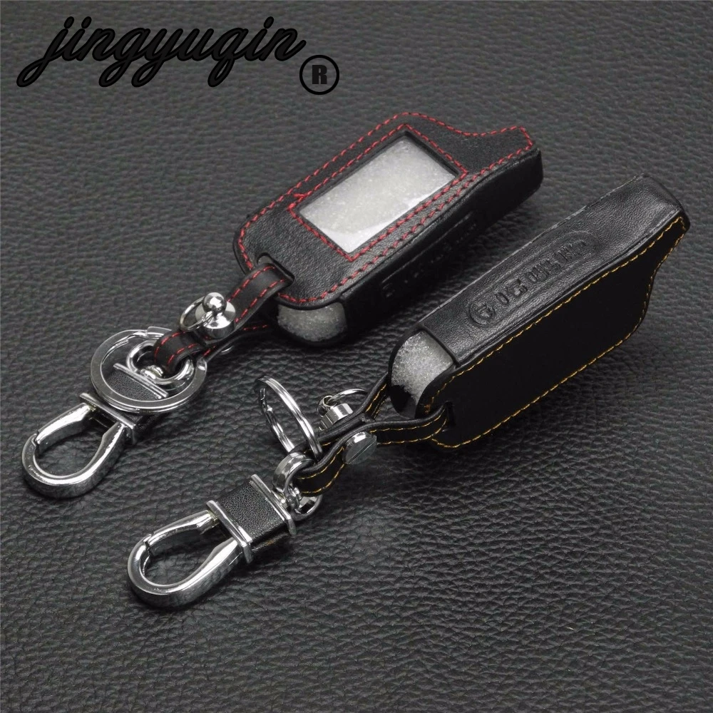 

jingyuqin 4 Buttons Leather X5 Case Cover LCD For Russian Version Vehicle Security Two Way Car Alarm System TOMAHAWK X5 Keychain
