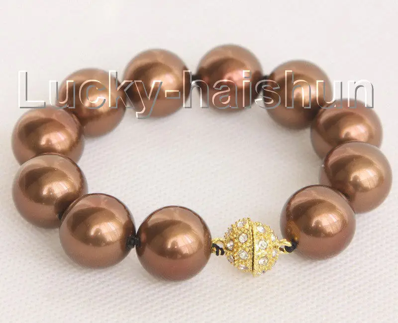 

FREE SHIPPING HOT sell new Style >>>>8" 16mm round coffee south sea shell pearls Bracelet magnet clasp j10442