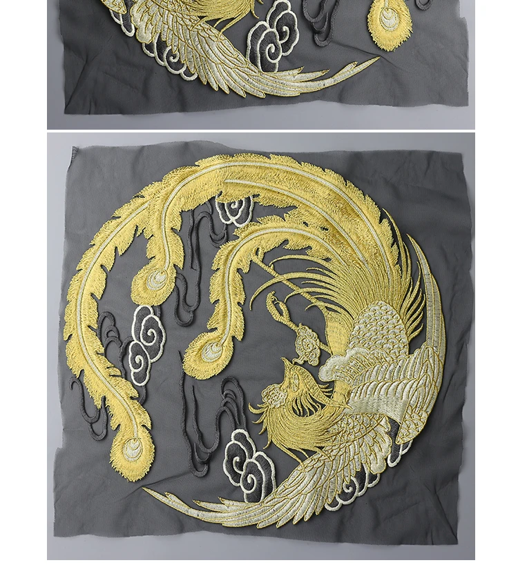 Chinese style round gold Phoenix mesh embroidery lace patches Applique for DIY dress 31cm