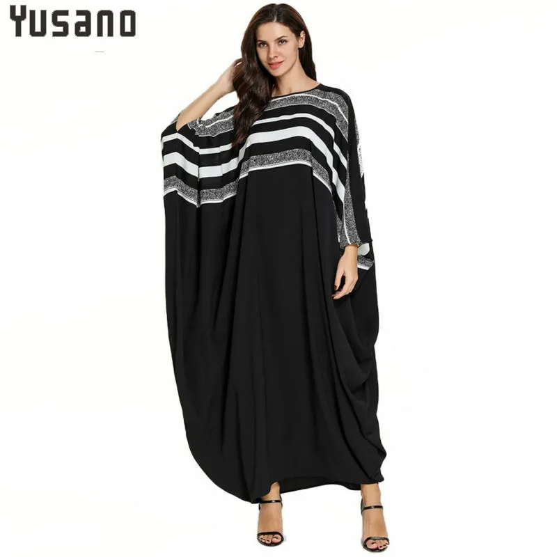 

Muslim Dress Party Modest Islamic Clothing Kaftan Turkey Dubai Loose Dress Women's Dress Black Stripe Printed Long Sleeve
