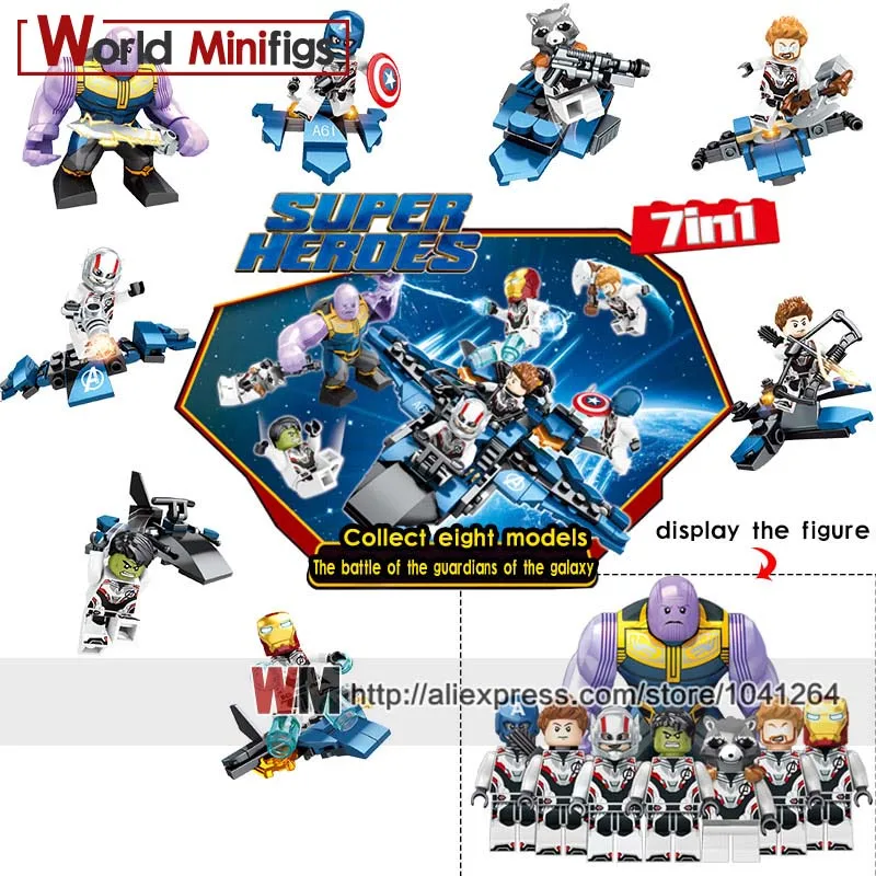 

8PCS/LOT 7 in 1 Set Hulk Thor Iron Man Hawkeye Rocket Racoon Assemble Model Battle Kit Building Blocks Brick Children Gift Toys
