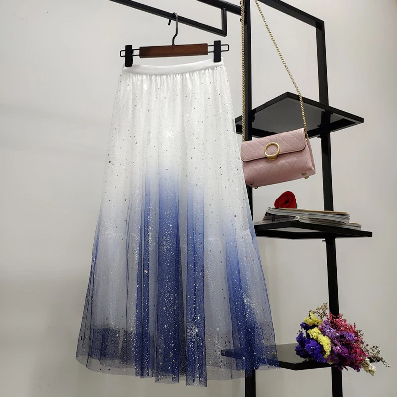 White on blue Градиентная цветная летняя юбка из тюля, Женская плиссированная длинная юбка с высокой талией, Женская трапециевидная белая розовая юбка-пачка - Цвет: White on blue