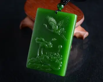 

Koraba Fine Jewelry Chinese Natural Green Jaspe Hand-Carved Lotus and Red-Crowned Cranes Pendant Free Shipping