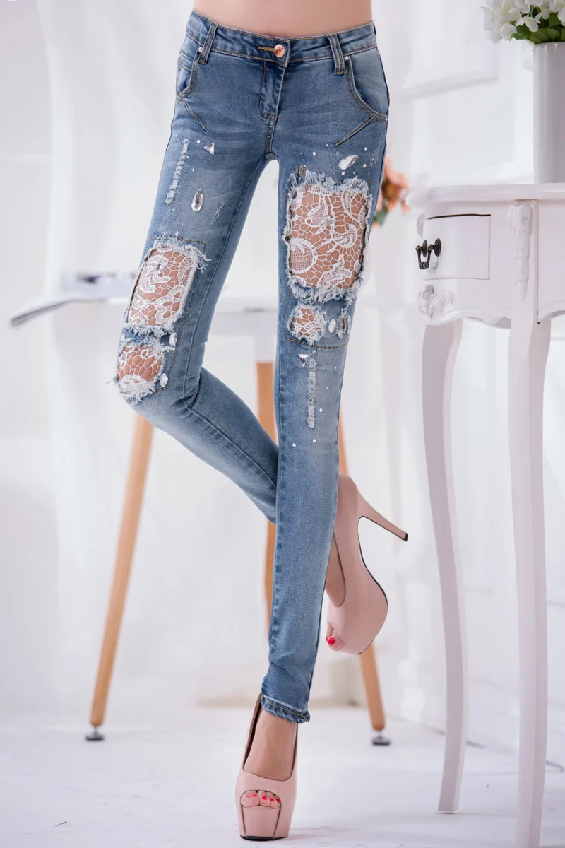 Fashion Women Jeans Pants Lace Floral 