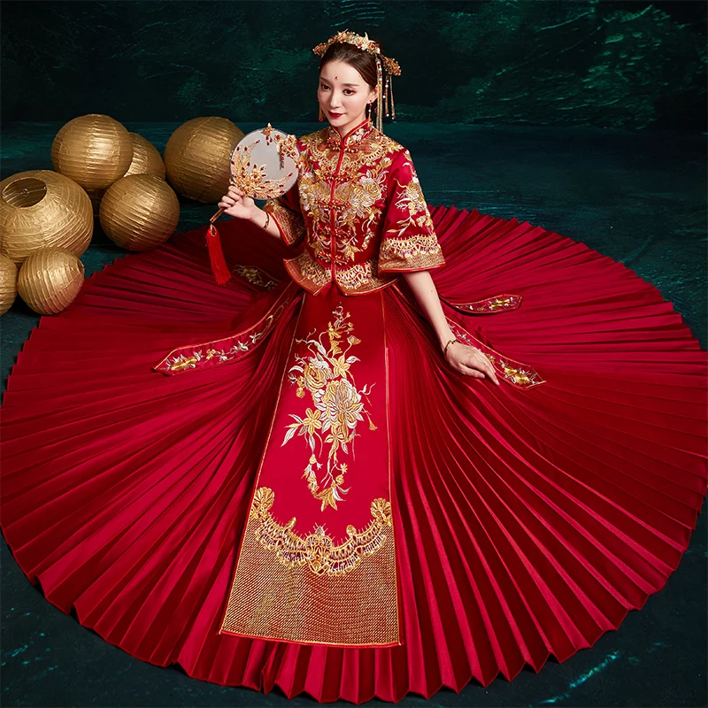 Высокое качество Сучжоу вышивка леди Cheongsam костюм Новинка Королевский невесты Плиссированное Платье Пол Длина Элегантный Qipao свадебный