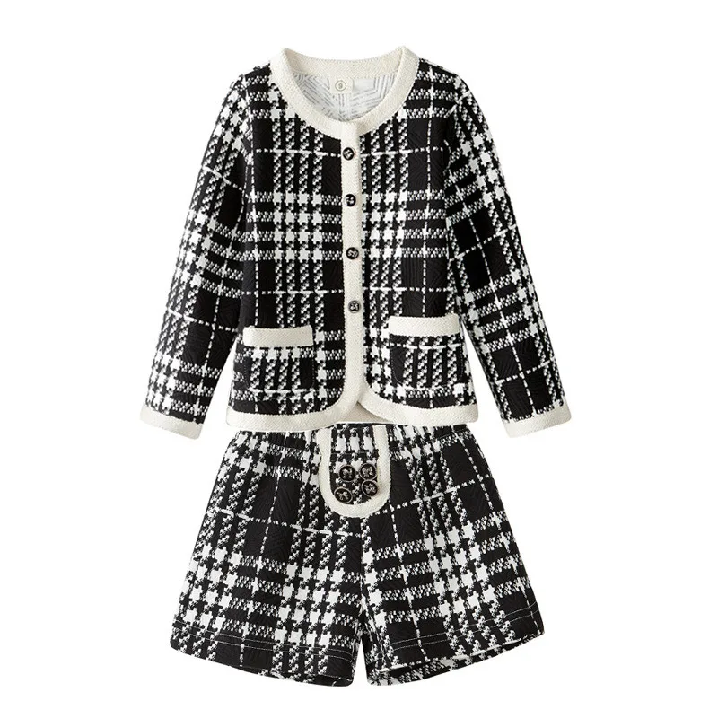 Conjunto de Roupas Jaqueta + Shorts Terno para o Bebê da Boa Traje de Treino Liligirl Crianças Meninas Temperamento Nova Xadrez 2 Pçs Qualidade 2020 22 Conjuntos de roupas