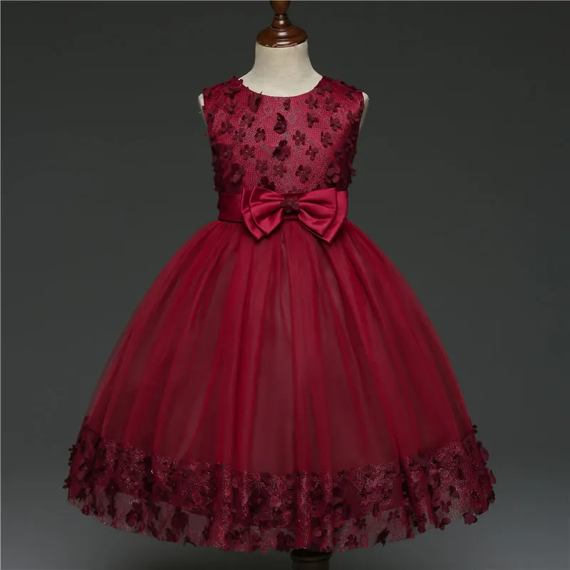 

JAYLAY Kids Infant Girl Flower Petals Dress Children Bridesmaid Toddler Elegant Dress Vestido Infantil Formal Party Dress Wine Red