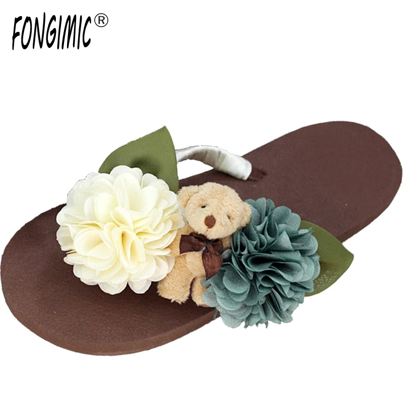 

New summer hot sweet cute colorful handmade Artificial cartoon bear flowers flip flops Non slip flat casual beach women slippers