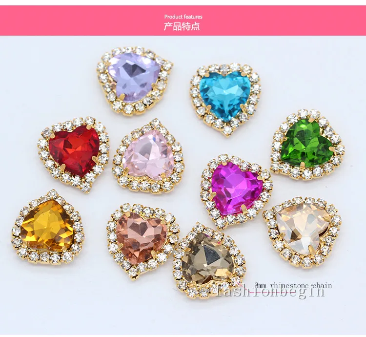 

15p 8mm heart shape sewing on crystal glass Costume Dress stitch on rhinestones trim beads gold claw jewels applique multi-color