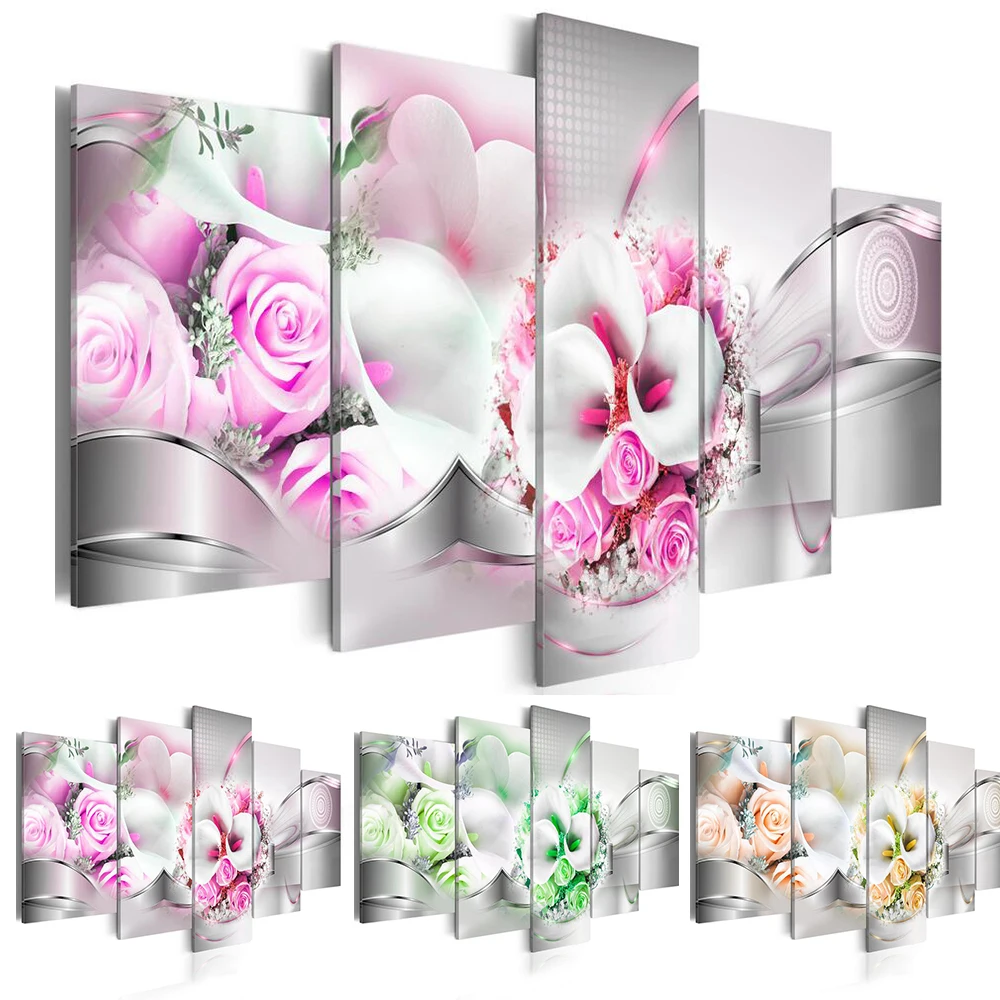 HD 5PCS/Set Pink Green Orange Rose Calla Flower Art Print Frameless Canvas Painting Wall Picture Home Decoration No Frame | Дом и сад
