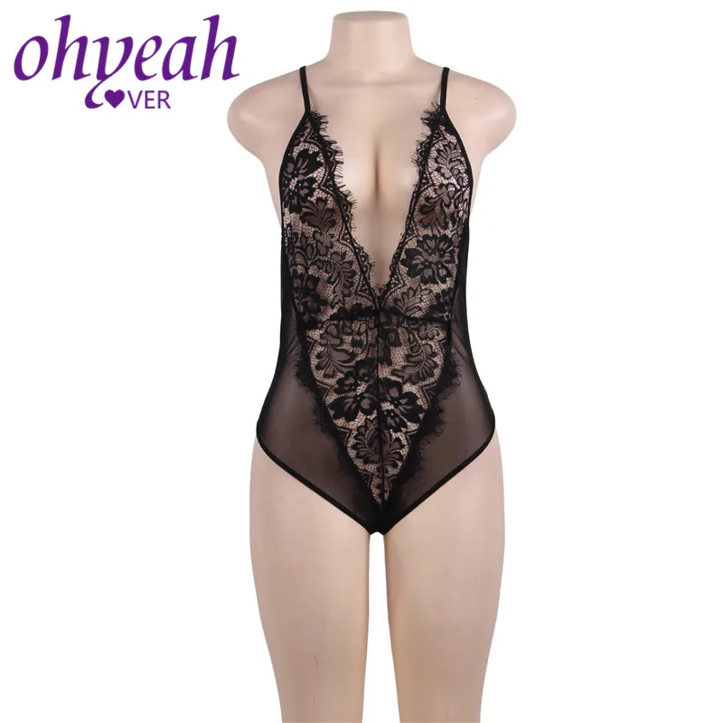 Ohyeahlover черный sleevelessbodysuit для Для женщин с кружевом с ресничками, сексуальное, с глубоким v-образным вырезом тела Mujer летняя одежда RM80803