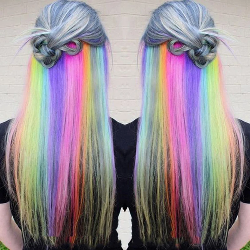 BUQI длинные прямые волосы для наращивания из искусственного шелка, цветные волосы на заколках, яркие радужные волосы, розовые синтетические волосы на заколках