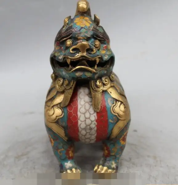 

S02290 Old Marked Chinese Bronze Cloisonne Foo Dog Lion Statue Incense Burner Censer (B0413)