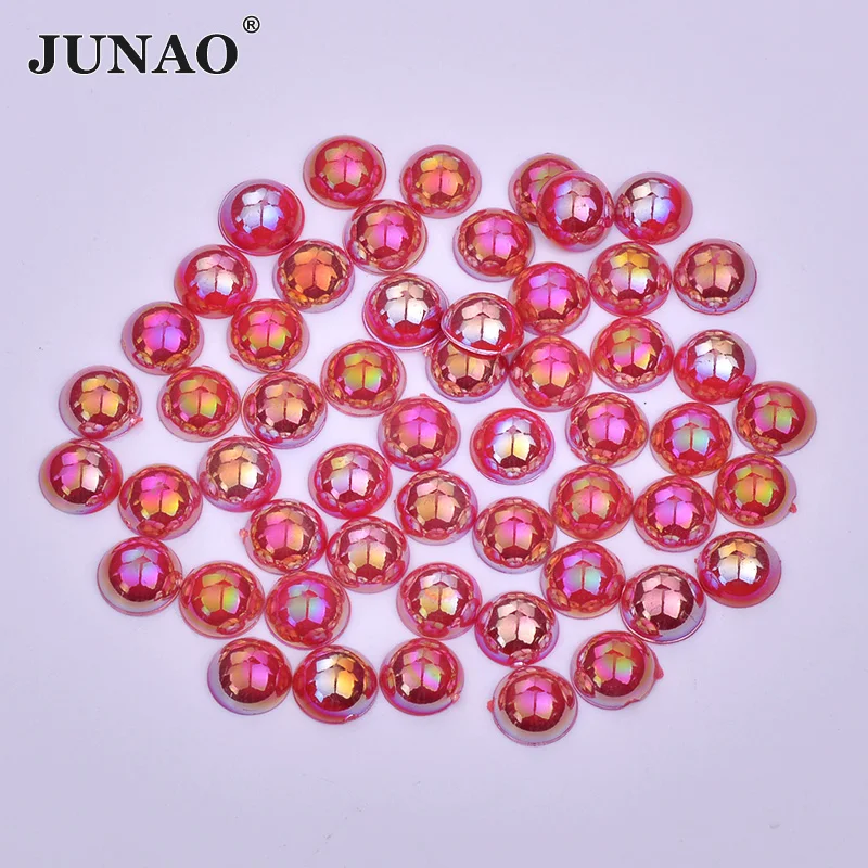 

JUNAO 10mm Red AB Pearl Rhinestones Acrylic Crystal Round Flatback Gems Scrapbook Beads Non Sewing Strass for DIY Crafts
