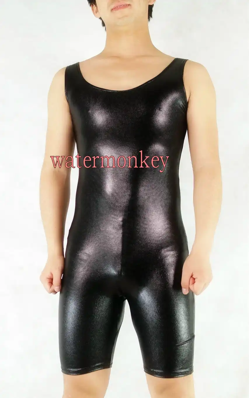 Брендовая популярная мужская майка короткий черный блестящий металлик Zentai Catsuit