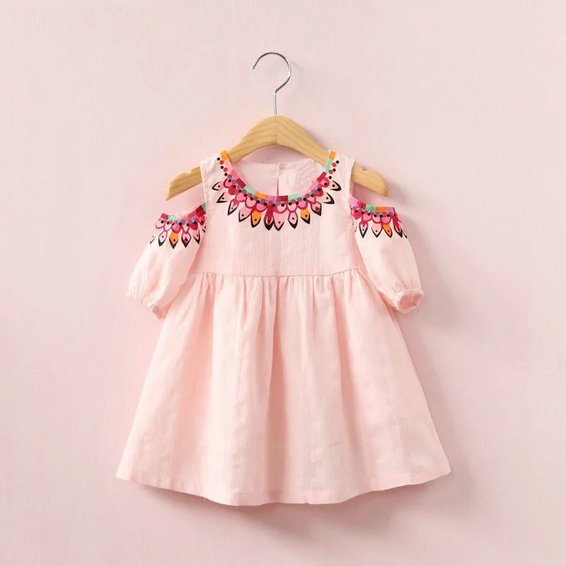 Cute Kids Infant Baby Girls Off Shoulder Floral Dress Summer Print Sundress Dress Party Princess Pink Blue Dress