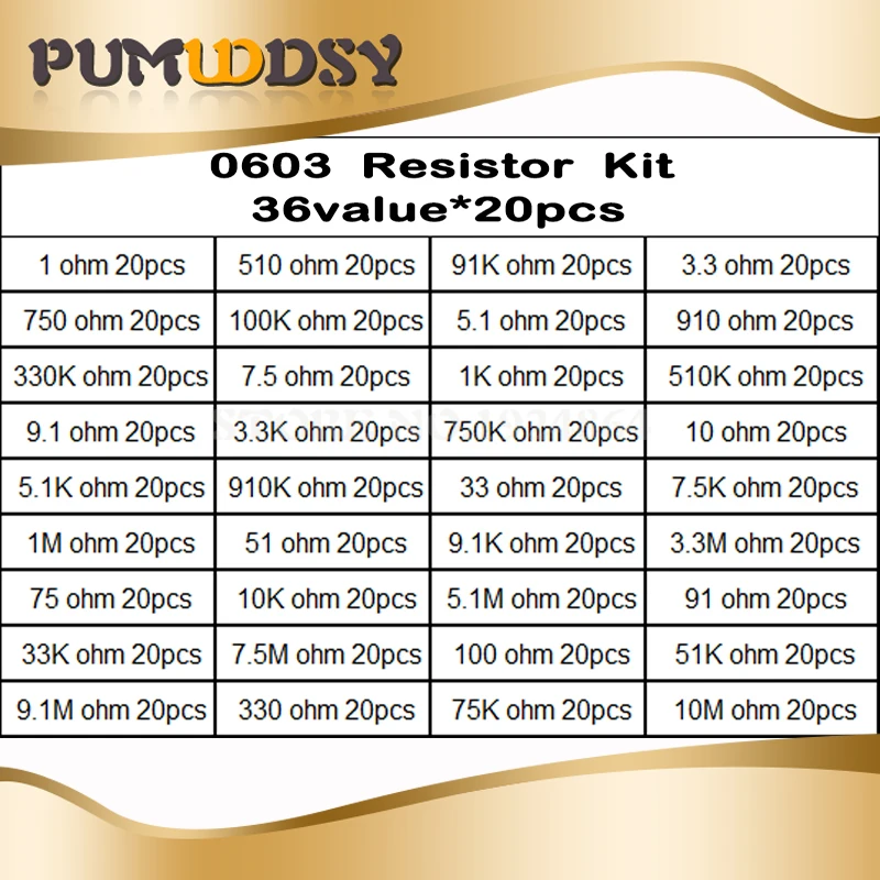 36valuesX20 piezas = 720 piezas 0603 1ohm-10Mohm SMD Resistor Kit surtido 1% componente diy kit de muestras de nuevo y original