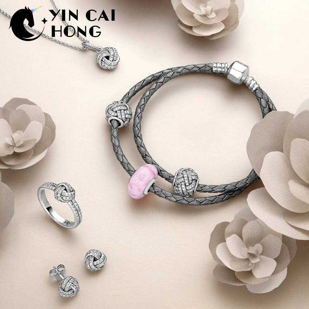 

YCH 100% 925 Sterling Silver 1:1 SPARKLING LOVE KNOT EARRING STUDS Ring Charm Beads Necklace DOUBLE WOVEN LEATHER BRACELET Set