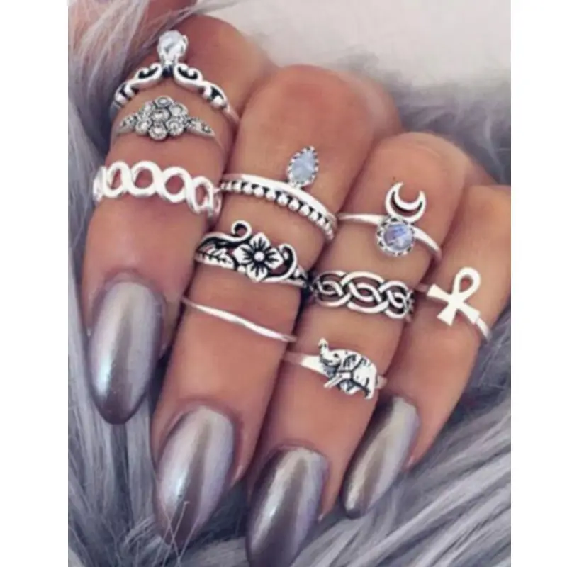 

10PCS Vintage Moon Flower Knuckle Ring Set Female Anillos Gold Silver Midi Finger Rings For Women Anel Jewelry