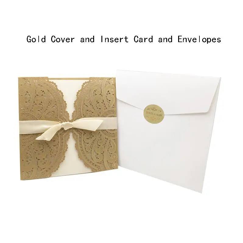 One Set Gold 1 шт., золотые, синие, цвета слоновой кости, красные, с лазерной огранкой, свадебные пригласительные открытки, Элегантный принт с лентой, украшение для свадебного мероприятия, дня рождения, вечеринки - Цвет: One Set Gold
