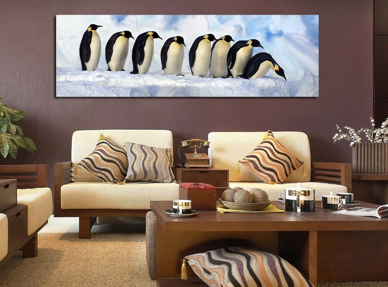 

Penguin Oil Painting Cute Animal Print Canvas Pictures Wall Art Hanging Decor For Home Living Room No Frame 38x12 inch