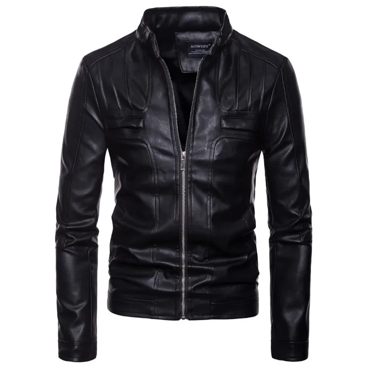 Европа/американский размер мотоциклетная кожаная куртка Для Мужчин Новая осень Стенд воротник молнии кожаная куртка мужской Красивый PU пальто - Цвет: Черный