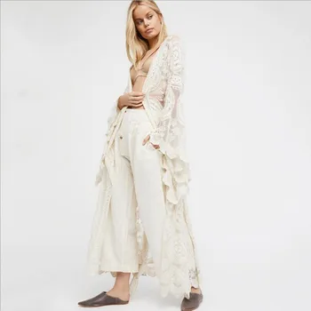 

2019 Sexy Bohemian Lace Maxi Dress Fashion Long Flare Sleeve Women Cardigan Beach Dress Sarongs Pareo Summer Sundress Cover Up