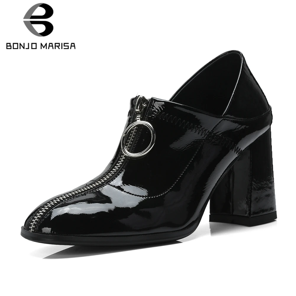 

BONJOMARISA Hot Sale Cow Leather Summer Shoes Woman Pumps Female Chunky High Heels Zipper Black White Pumps Woman Shoes