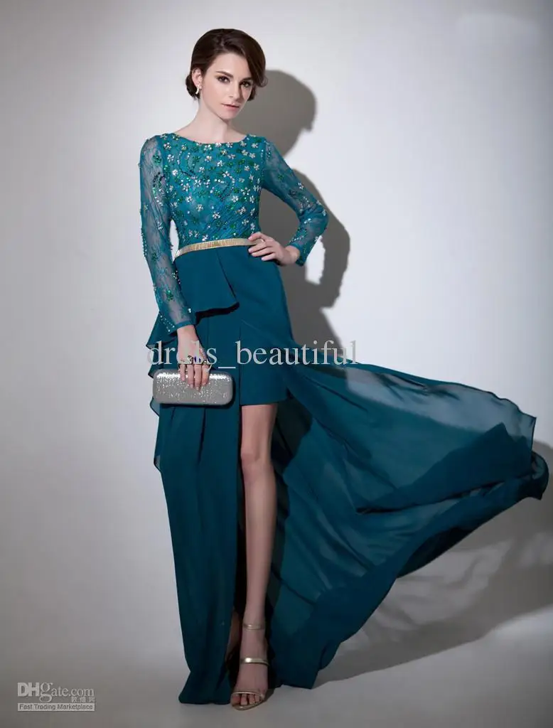 

Dark Green Beading Jewel Neck Long Sleeves Sheath Chiffon Beautiful Evening Dress Mother of the Bride Dresses