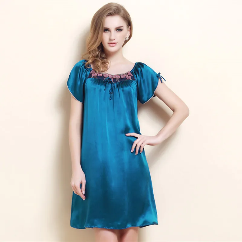 Sexy Pure Silk Nighty Brand 100 Mulberry Silk Short Sleeve Nightgowns M L Xl Free Shipping Pure