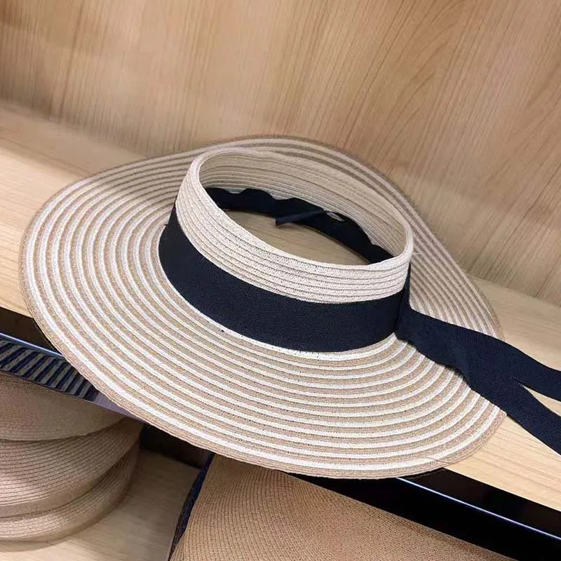 Khaki beige striped Солнцезащитные козырьки для женщин пустой топ с широкими полями сворачивающийся хвост летняя пляжная шляпа УФ UPF 50 упаковочная складная дорожная шляпа - Цвет: Khaki beige striped