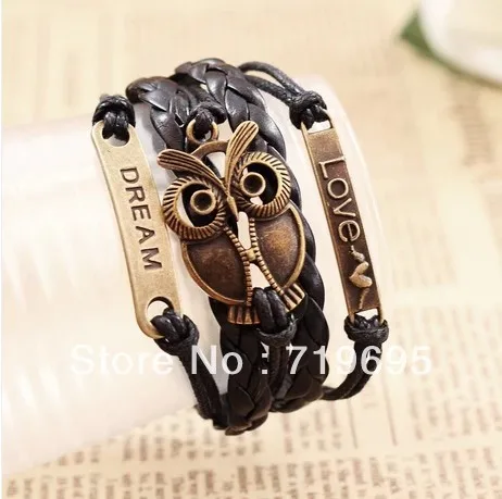 100PCS NEW Hippie Love Bronze Cute Owl Dream Charm Wax Cords Leather Braided Cuff Bracelets Wrap Bangle Wristbands Jewelry | Украшения и
