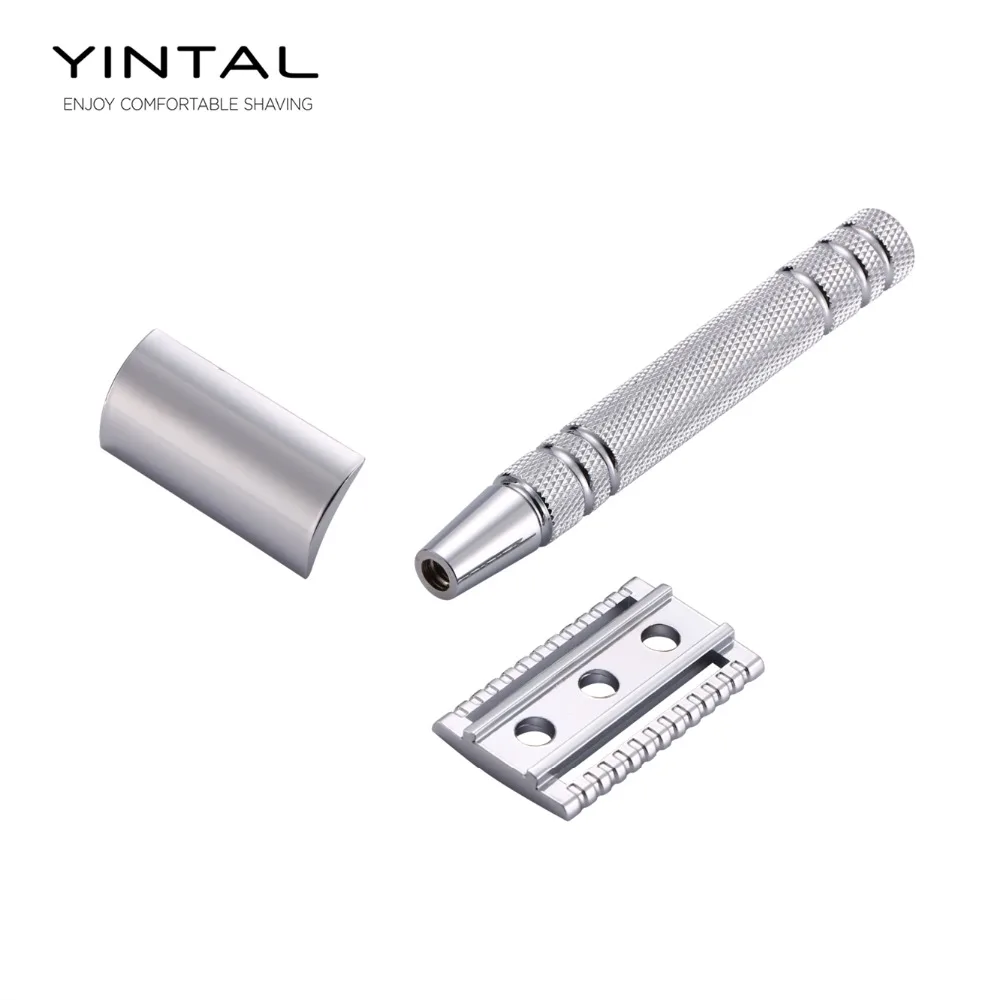 YINTAL, яркая серебристая Мужская классическая двухсторонняя ручная бритва, безопасная бритва с длинной ручкой для бритья, 1 Бритва, простая упаковка