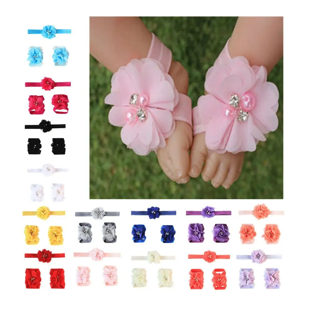 

2019 new baby wrist flower Children's hand-stitched chiffon water drill flower hair accessories Hair band Foot flower suit