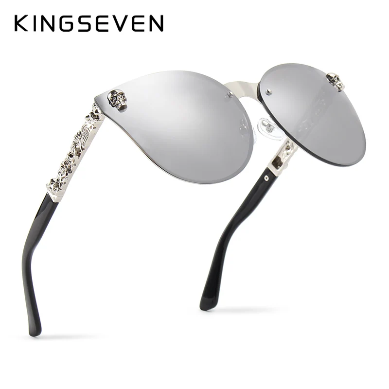 

KINGSEVEN Luxury Brand Fashion Women Gothic Mirror Eyewear Skull Frame Metal Temple Oculos de sol UV400 With Accessories