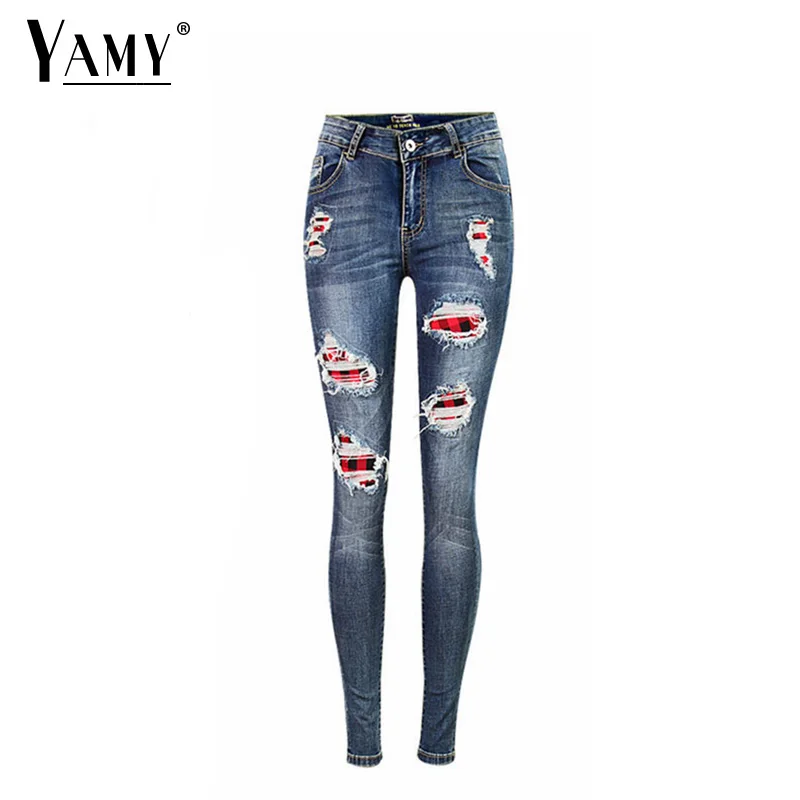

Blue stretch ripped jeans for women plus size vintage distressed skinny jeans woman pencil denim pants female streetwear