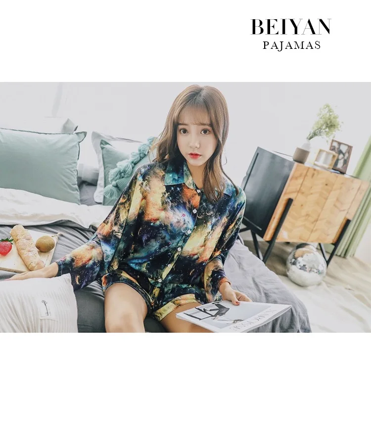Женский пижамный комплект, новая летняя Корейская Пижама для сна, комфортный Атласный топ с принтом звездного неба + шорты, комплект