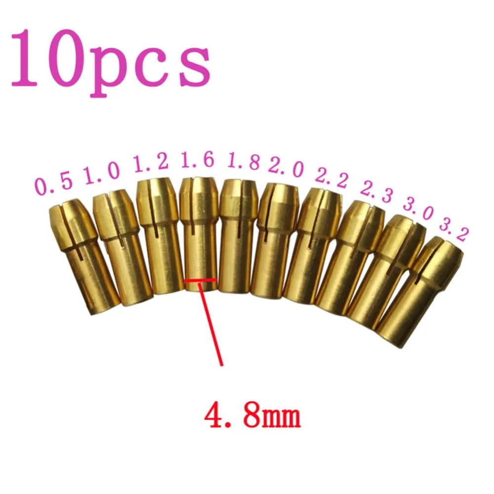 10 шт./пакет Медь сверлильные патроны цанговые биты адаптер для конических фрез вращающихся инструментов 4,8 мм 0,5-3,2 мм разных Размеры патроны сверл адаптер