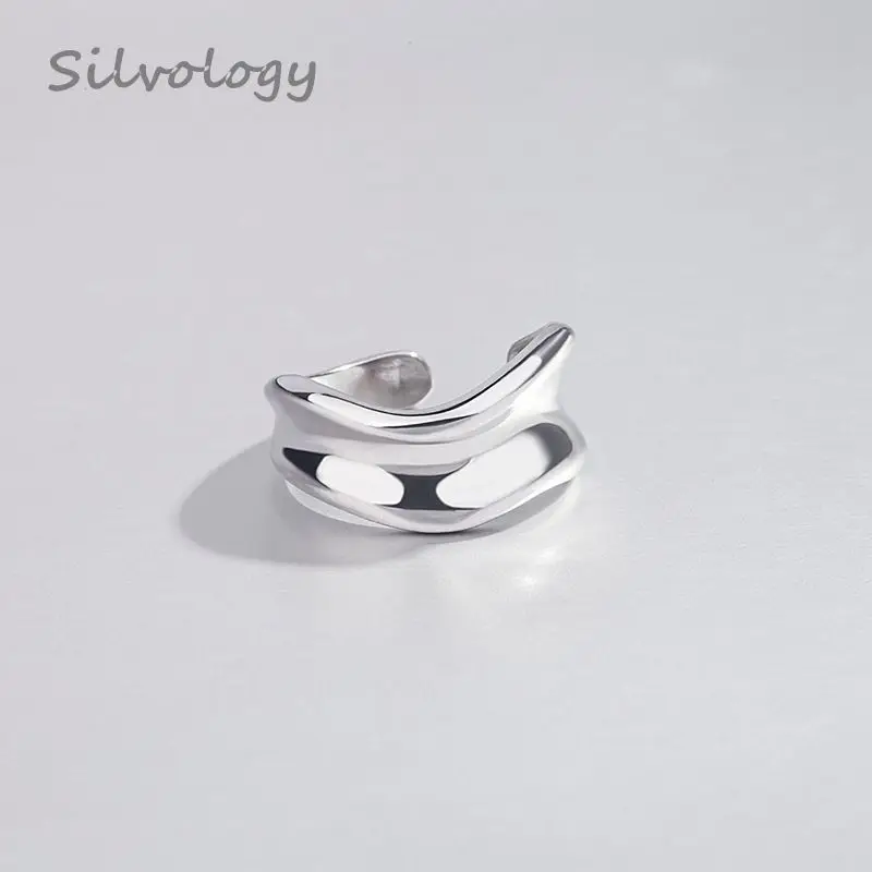 Silvology, 925 пробы, серебристый неправильной формы, широкие кольца, серебро, глянцевая, элегантная текстура, минималистичные кольца для женщин,, хорошее ювелирное изделие