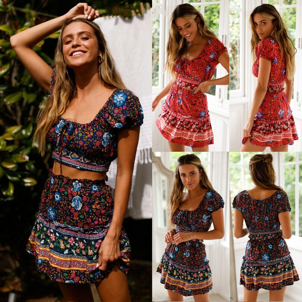 

Women Set Boho Chic Floral Printed Crop Top Mini Evening Party Beach 2Pcs High Waist Summer Holiday Sun Suits