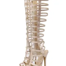 Г., летние женские сапоги до колена летние сапоги с открытым носком вечерние ботинки на тонком каблуке с вырезами сандалии-гладиаторы женская обувь