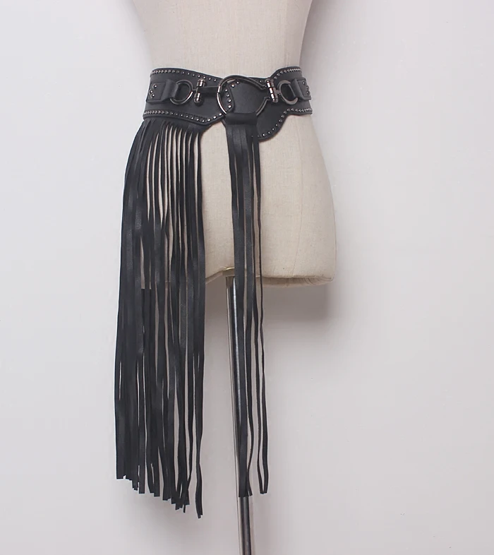 

Europe American punk personality long tassel wide belts women black rivet vintage PU elastic stomach belt steampunk waistbands