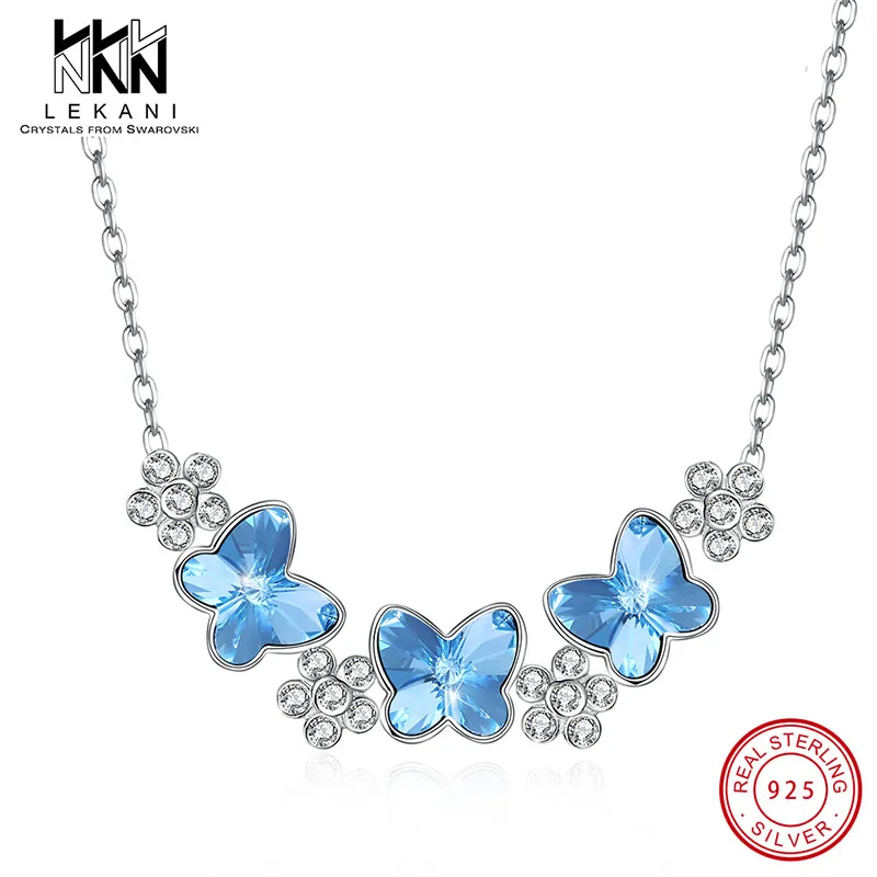 

Elegant Bule Butterfly Crystal From Swarovski Necklace For Women Shining Flowers Pendant With 925 Sterling Silver Party Jewelry