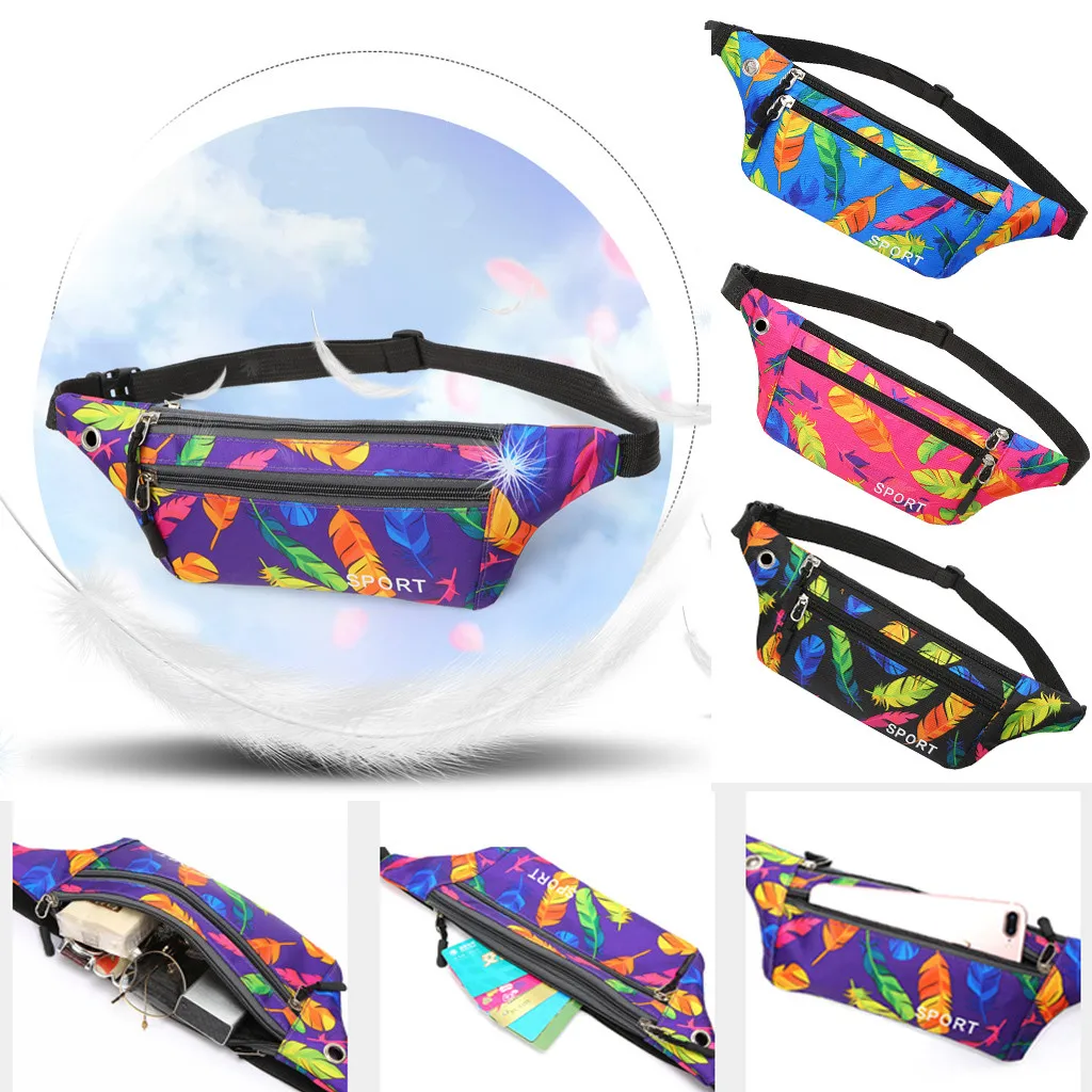 women men Oxford waist bag fanny pack Printed Outdoor Waterproof Multi-function Feather sports Chest Bag sac banane femme nerka